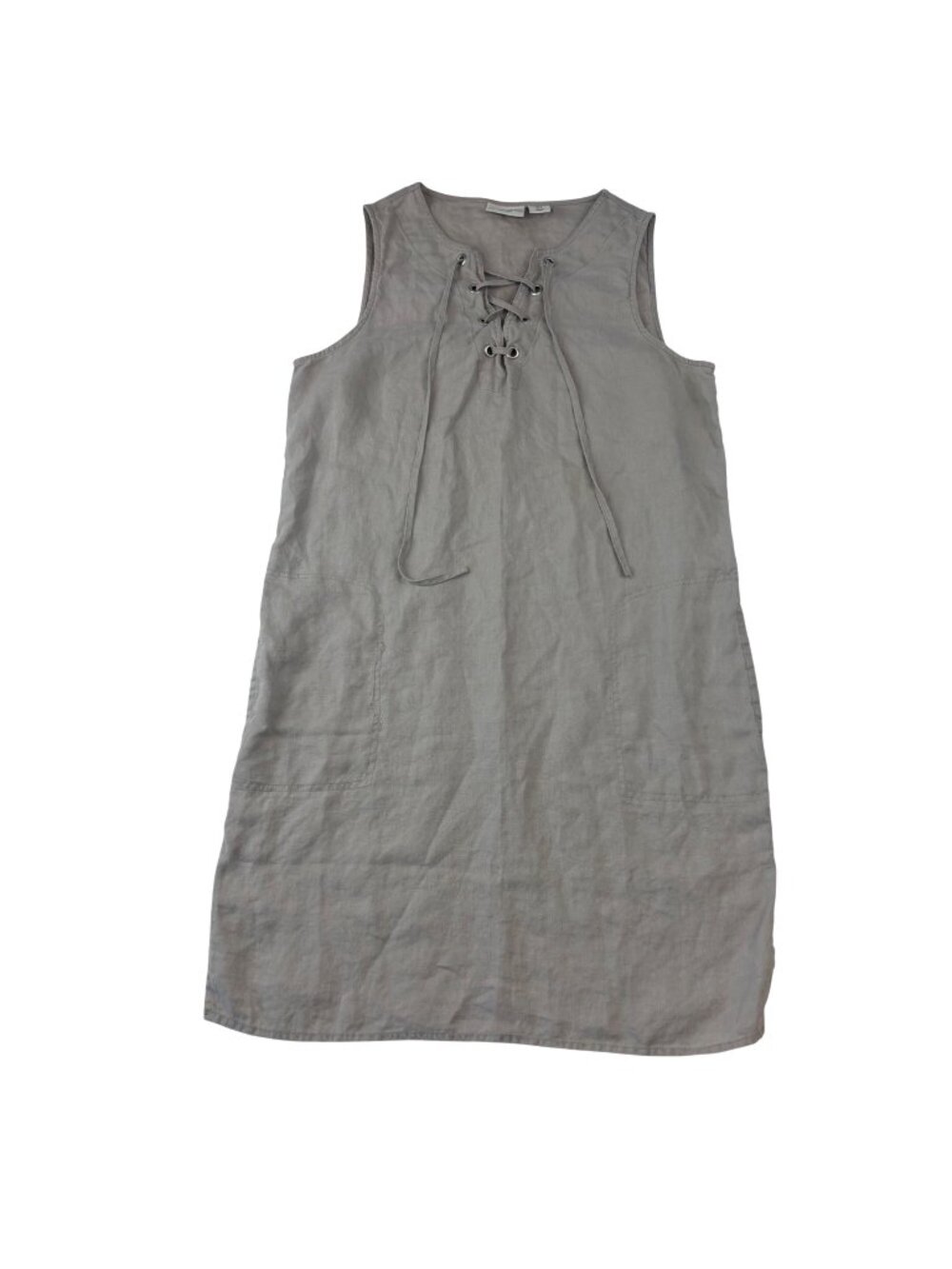 Adrienne Vittadini S Beige 100% Linen Sleeveless Dress Lace-Up V Neck Pockets